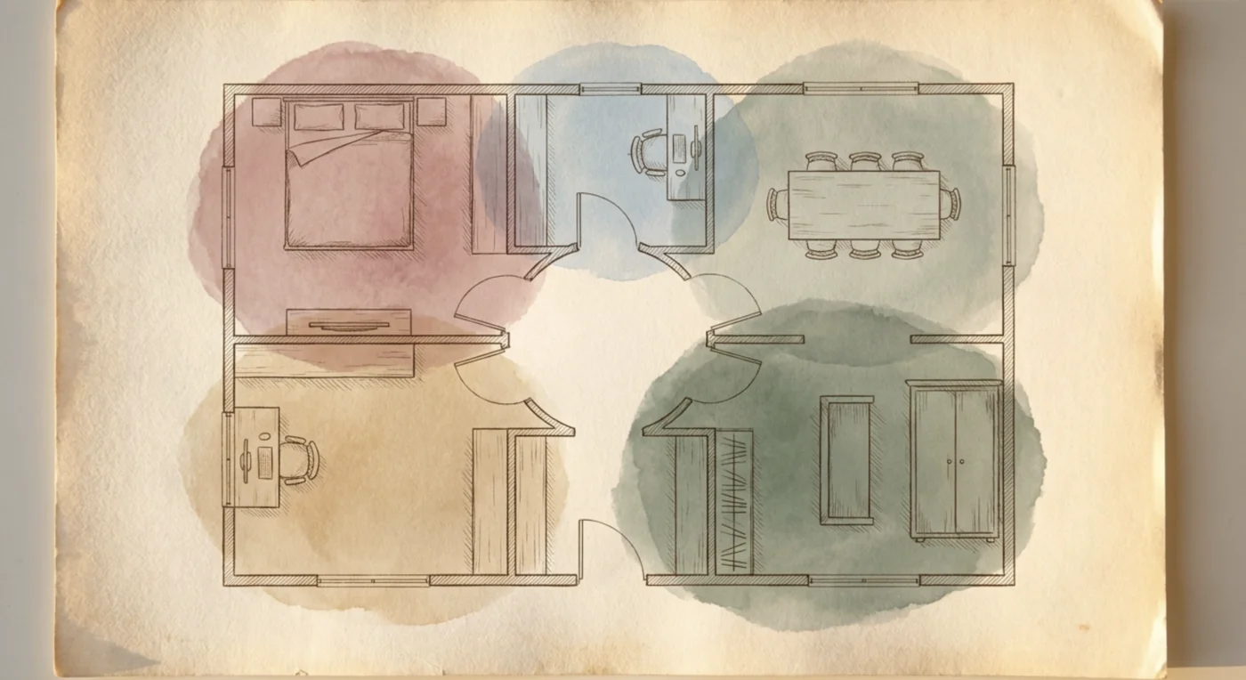 Plan d'habitation vu de dessus avec cinq zones colorées en teintes douces, mobilier dessiné pièce par pièce, lumière dorée rasante