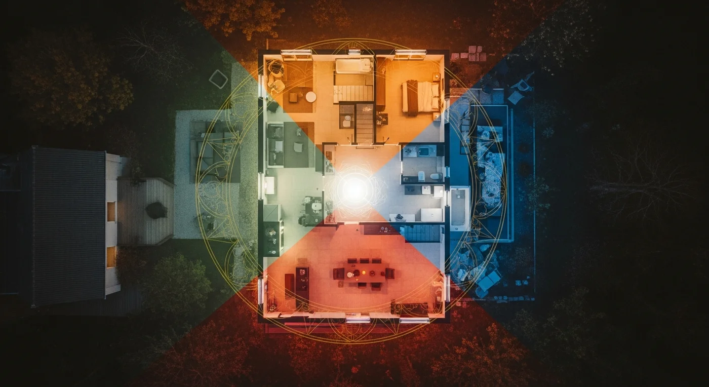 Les cinq éléments du Vastu — Terre, Eau, Feu, Air, Ether — dans un intérieur chaleureux avec overlay de géométrie sacrée dorée
