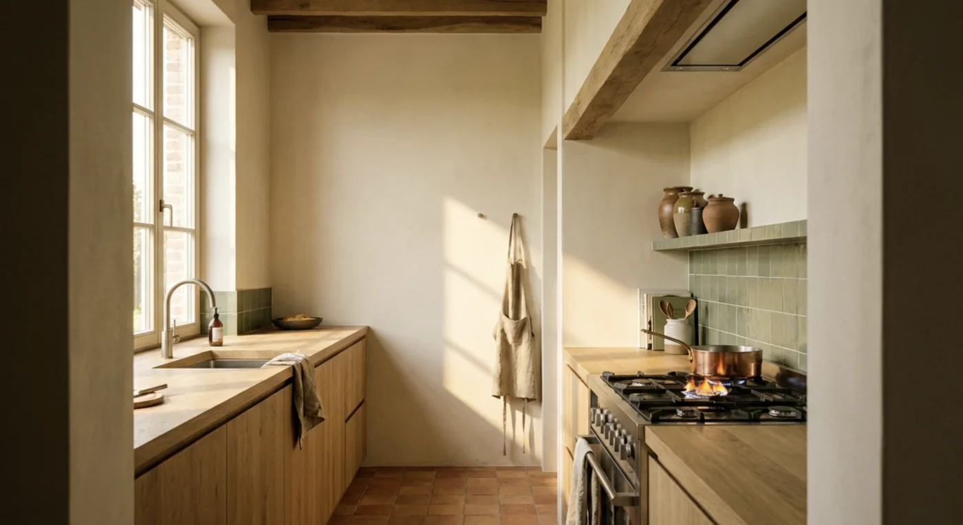 Plaque de cuisson allumée dans une cuisine lumineuse, casserole en cuivre, plan de travail en bois, lumière chaude dorée