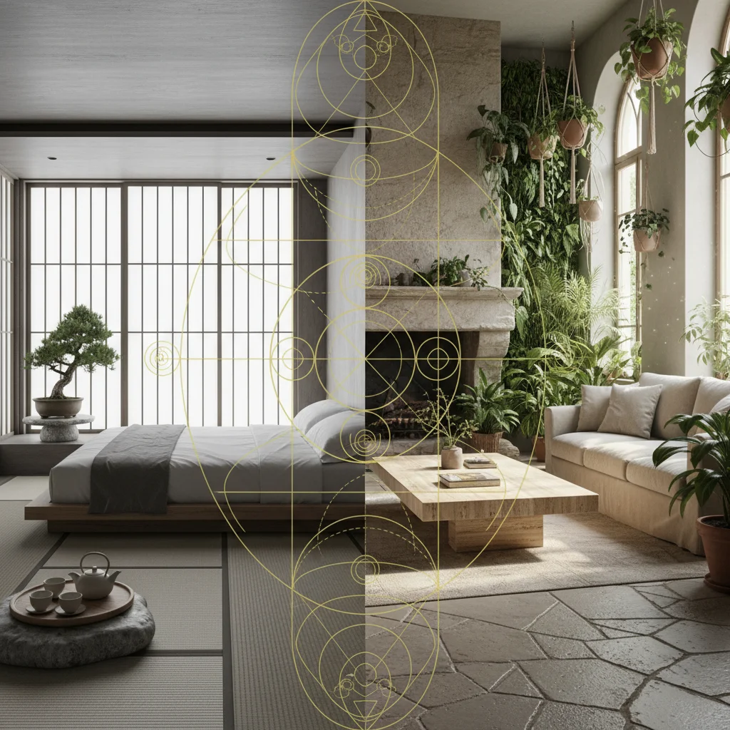 Intérieur harmonieux mêlant plantes naturelles, matériaux bois et lumière dorée