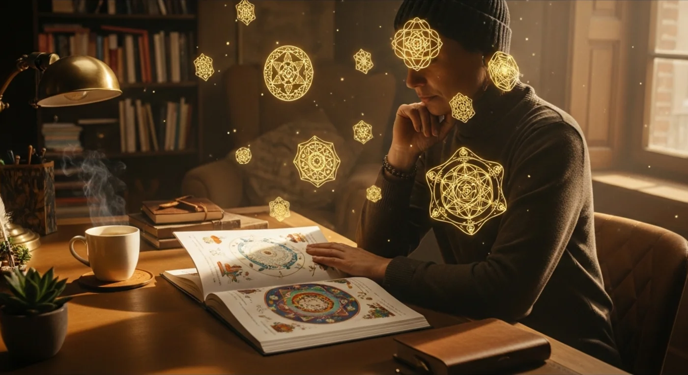 Personne coiffée d'un bonnet lisant un ouvrage illustré de mandalas à un bureau de bois, symboles de géométrie sacrée dorés en suspension, lumière chaude de fin de journée