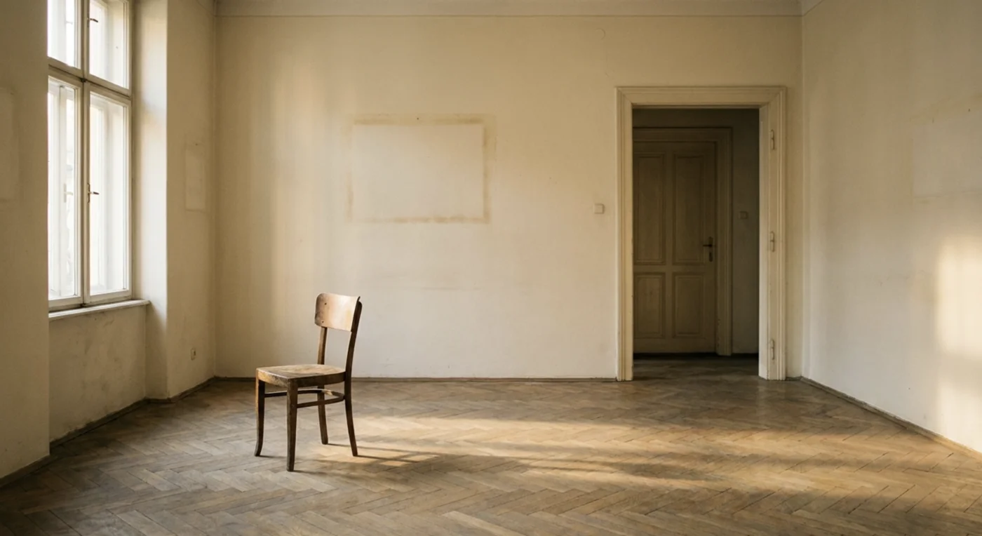 Pièce vide et claire, une chaise seule près d'une fenêtre, lumière de fin d'après-midi sur un parquet ancien