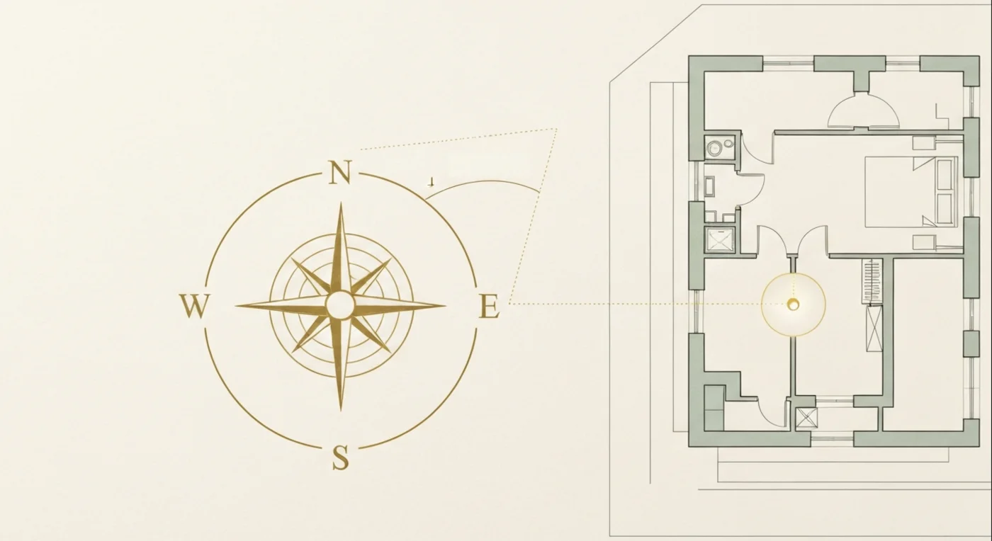 Rose des vents dorée aux quatre points cardinaux et plan d'habitation, reliés par l'angle de décalage du bâtiment matérialisé en or sur fond crème