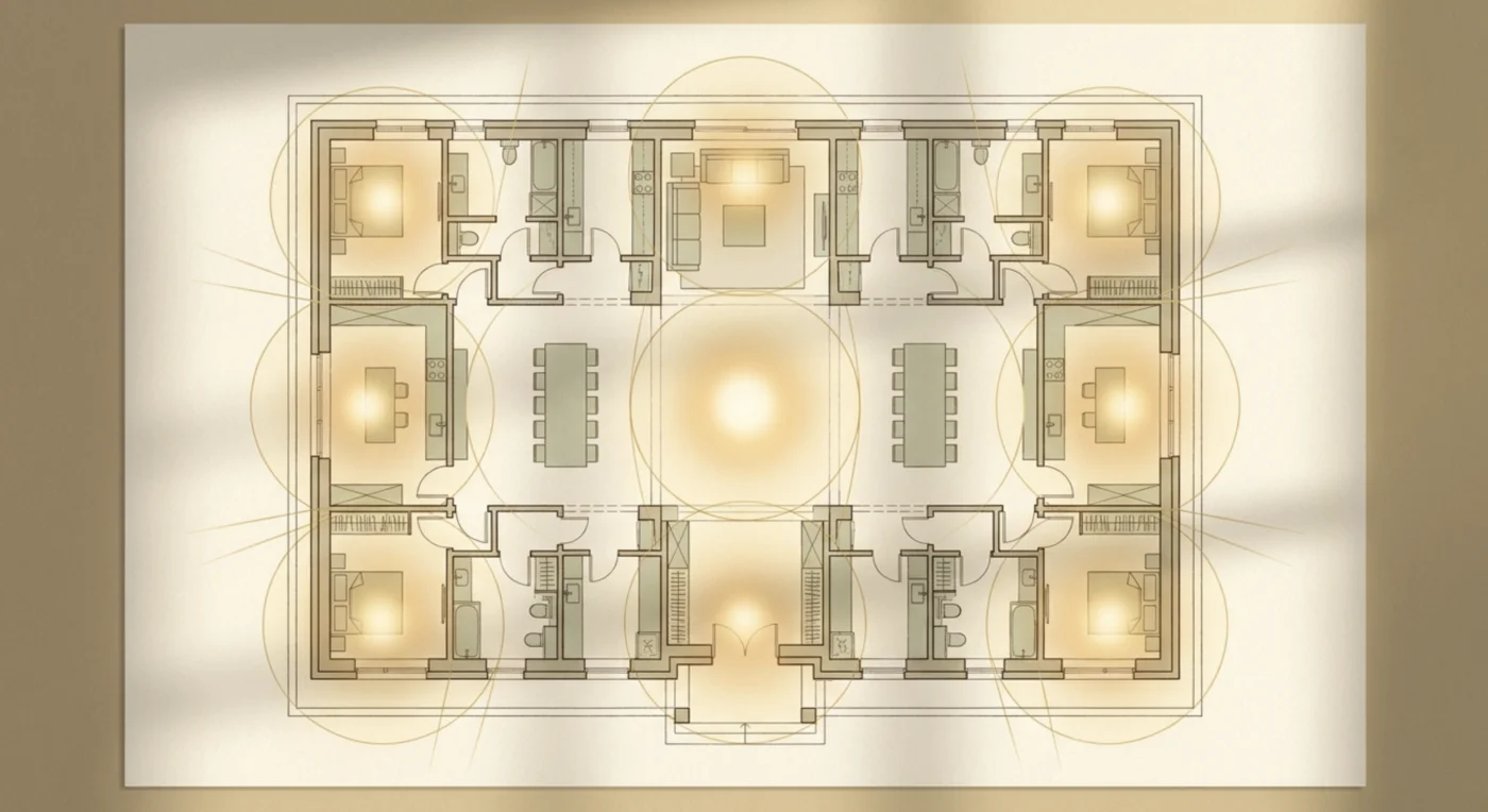 Plan d'habitation vu de dessus avec neuf zones lumineuses dorées réparties sur la trame, la zone centrale plus lumineuse que les autres