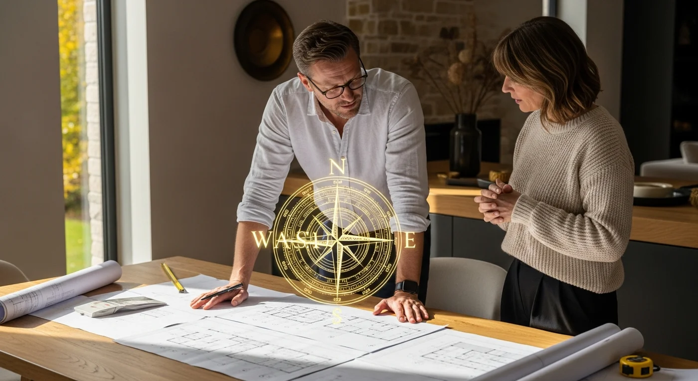 Plans de rénovation sur une table avec overlay compas Vastu doré translucide