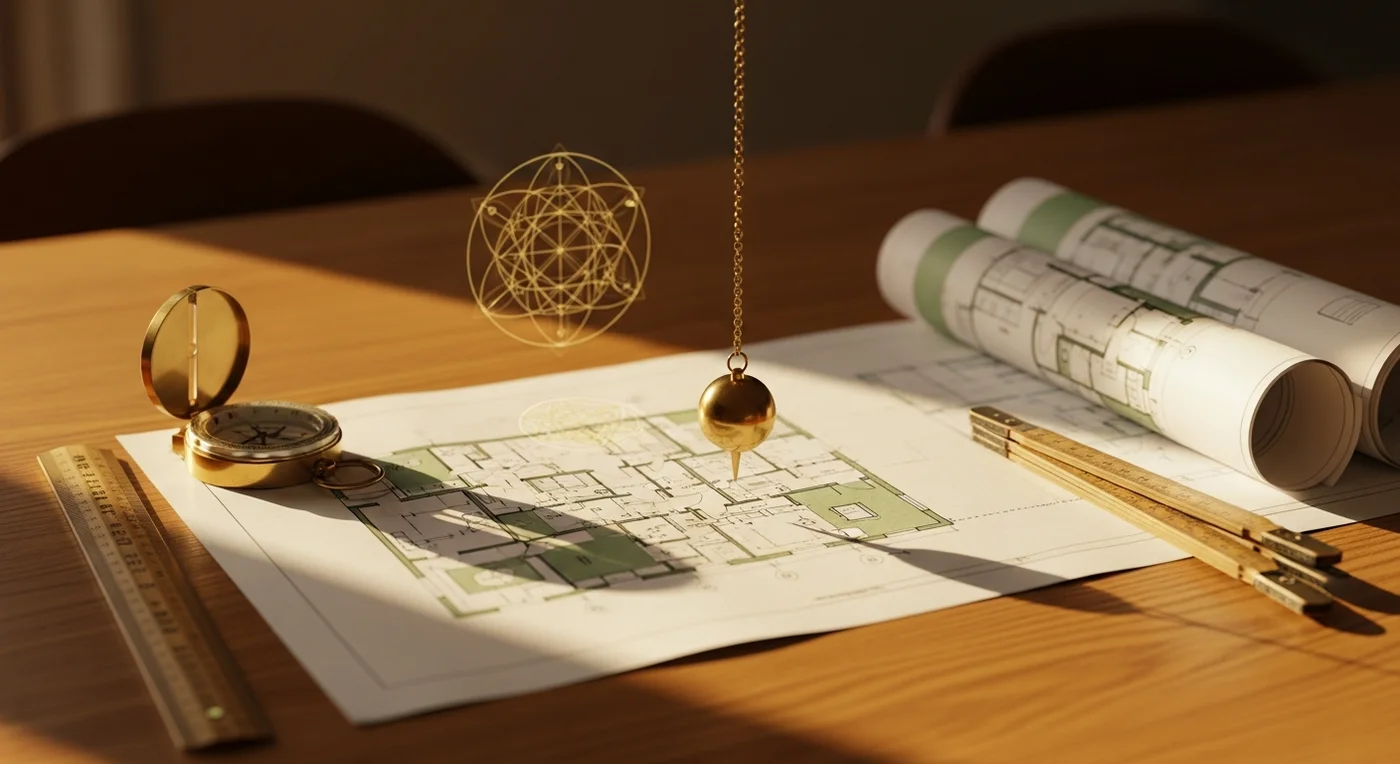 Pendule de radiesthésie au-dessus d'un plan d'architecte posé sur une table en bois, lumière dorée rasante, overlay de géométrie sacrée en or translucide