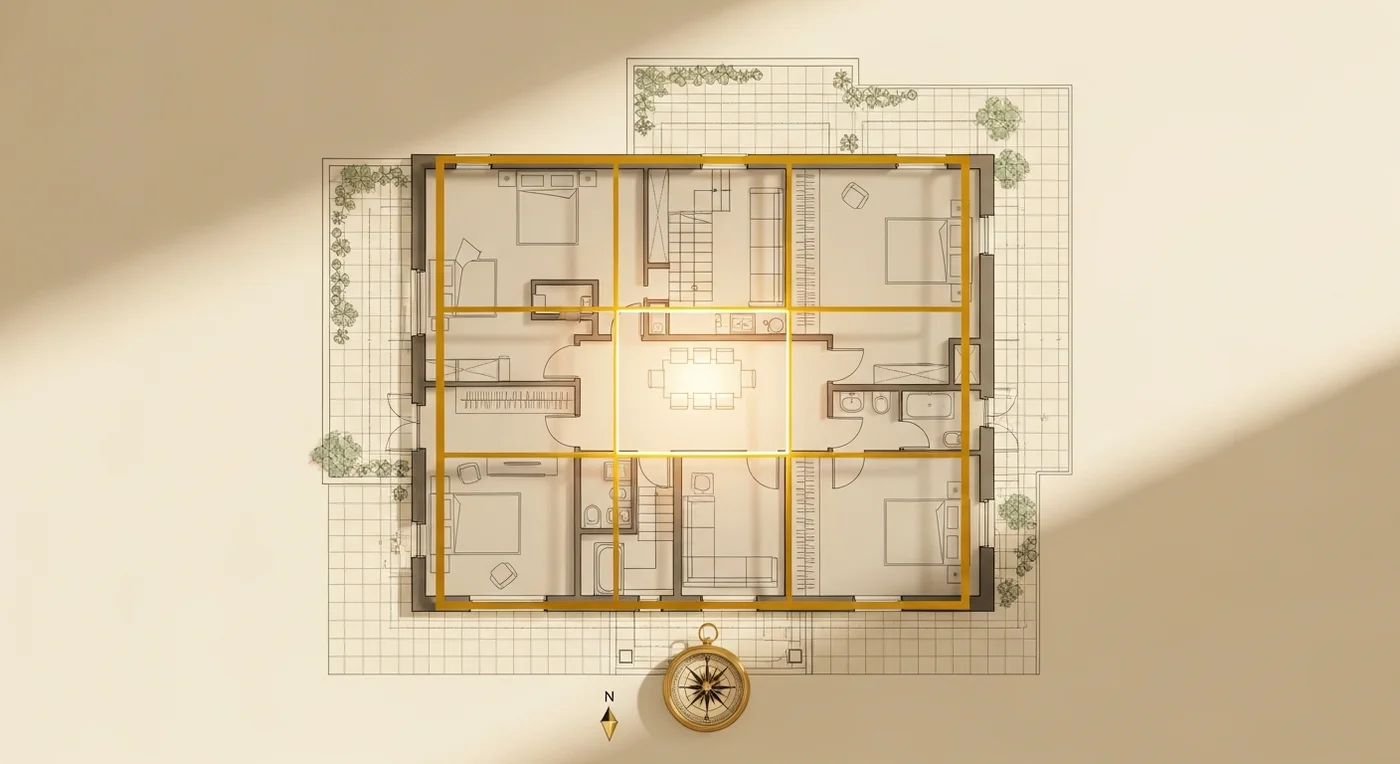 Grille de neuf divisions en or translucide projetée sur le plan d'une habitation, centre lumineux et boussole de cuivre indiquant le nord